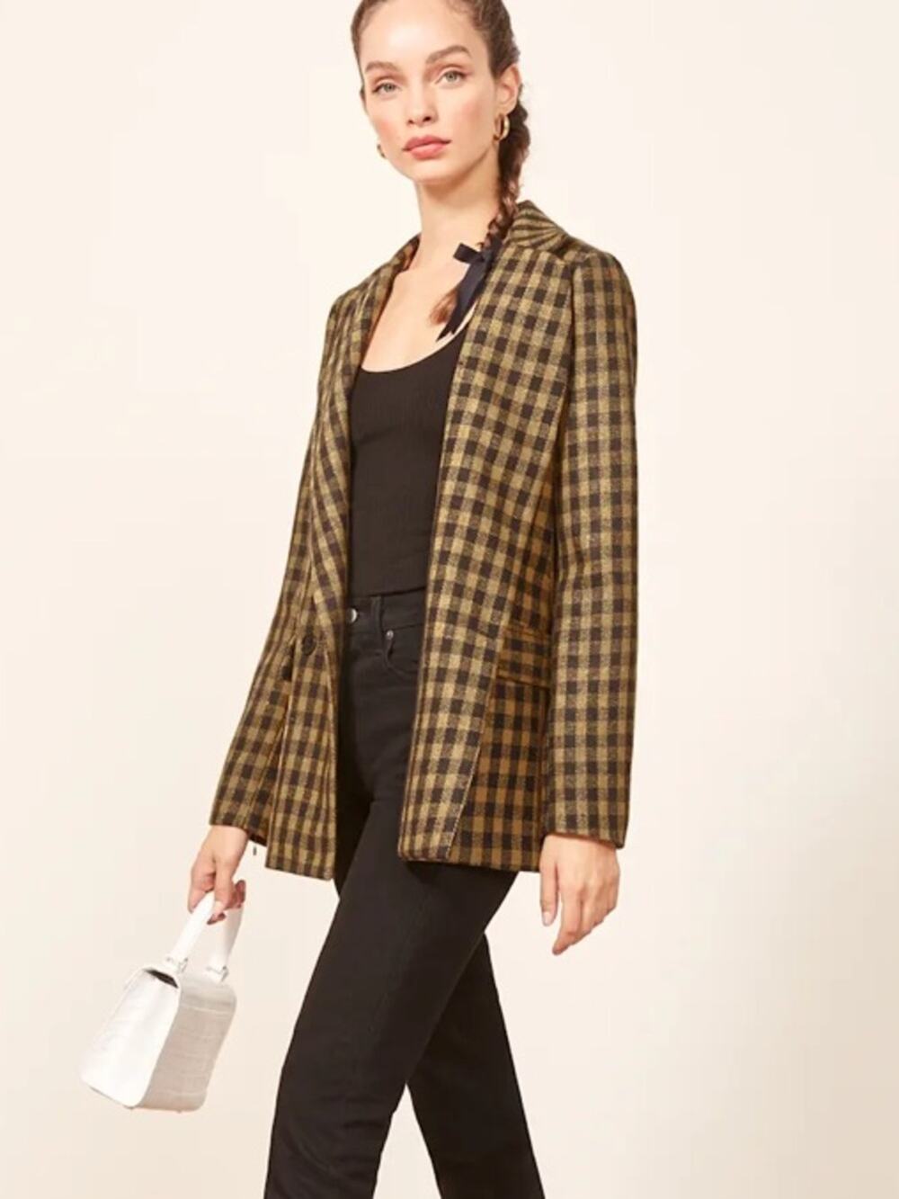 Reformation Lazer Checked Open-Front Blazer Jacket Black size XS